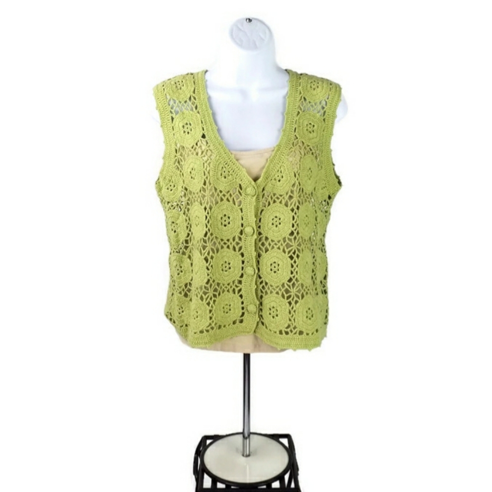 Vintage JM Studio Green Crochet Sleeveless Vest Womens Size Large Cottage Core